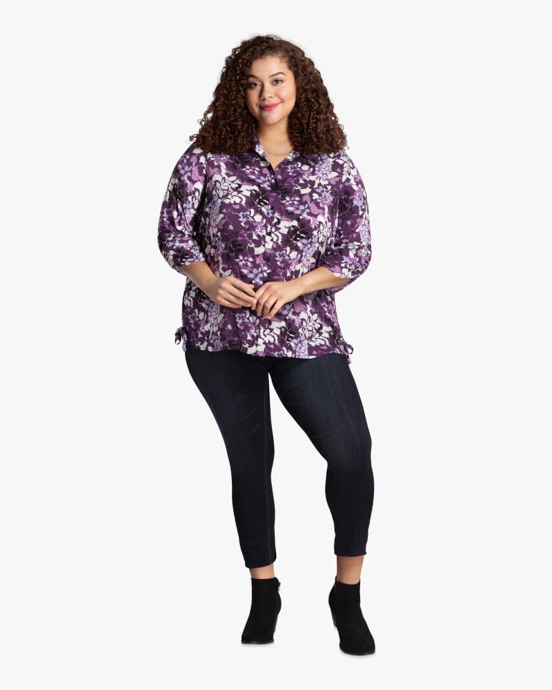 Plus size model with diamond body shape wearing Hester Printed Button-Down Shirt by Prescott New York | Dia&Co | dia_product_style_image_id:115053